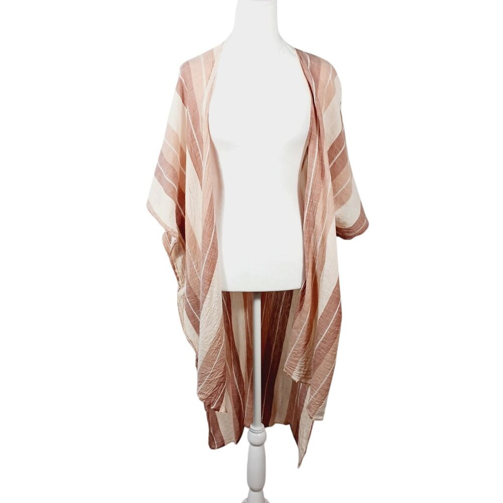 Aakaa, Cotton Striped Kimono in Neutral Shades of Dusty Rose and Cream, One Size